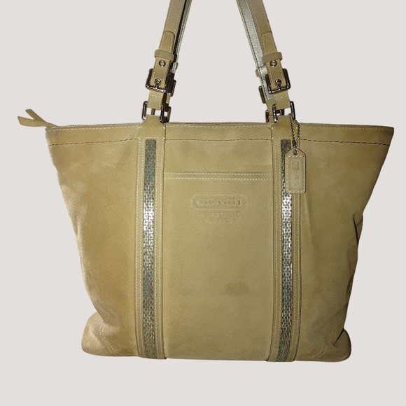 Coach Leatherware Suede Beaded Stripe Beige Tote Bag Dual Handles Zipper Closure - Picture 6 of 14
